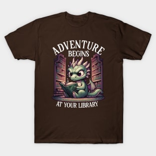 Adventure Begins at Your Library Dragon Reading T-Shirt